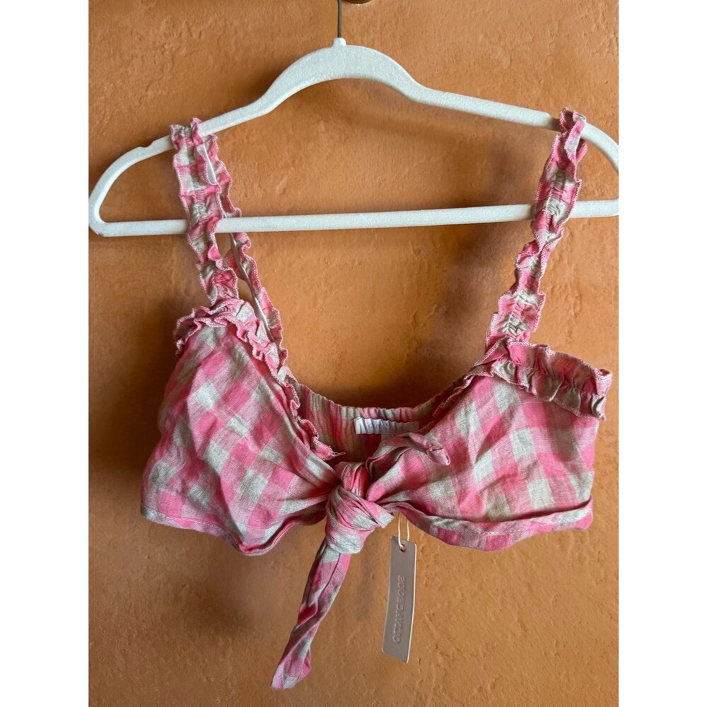 Oliviaceous Pink Gingham Linen Tie Front Bralette Top NWT Size M